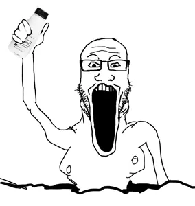markiplier soyjak, arm, bottle, cleavage, drink, glasses, hands, hands up, holding bottle, holding soylent