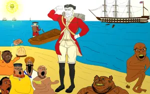 chudjak, feraljak, gapejak, markiplier soyjak, perceptive chud, beach, blonde hair, boat, british, brown skin