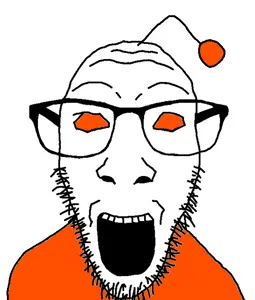 dylanjak, antenna, glasses, no pupils, open mouth, orange sclera, orange shirt, reddit, snoo, soyjak