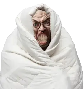 feraljak, angry, blanket, clenched teeth, comfy, glasses, mustache, realistic, soyjak, stubble
