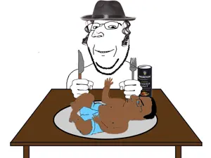 chudjak, gapejak, its over, baby, brown skin, cannibalism, clothes, fedora, fork, hat