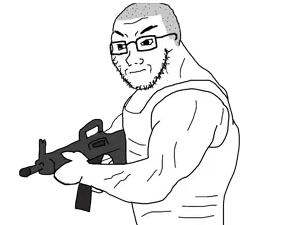 soyak, angry, arm, buff, closed mouth, clothes, glasses, gun, hair, holding object