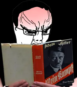 chudjak, adolf hitler, angry, big brain, book, closed mouth, german text, germany, glasses, hair