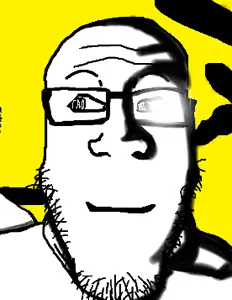 markiplier soyjak, 1soyjak, bald, black eyes, closed mouth, front view, glasses, light, looking to the left, open eyes