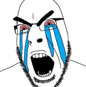 cobson, angry, bloodshot eyes, brown eyes, bushy eyebrows, crying, glasses, open mouth, soyjak, stubble
