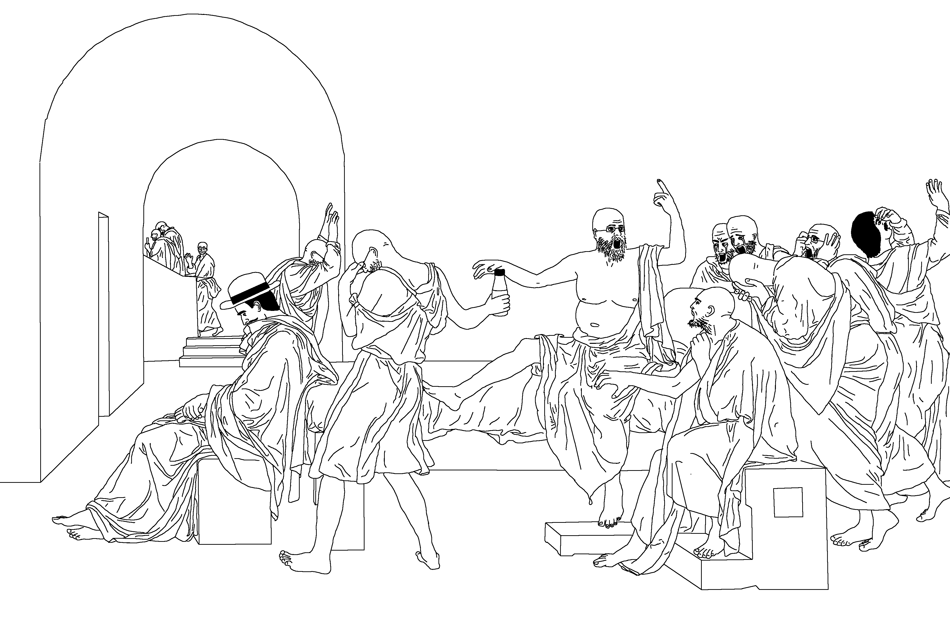 don turtelli, soycrates, arm, barneyfag, black eyes, bottle, classical art parody, clothes, crying, drink