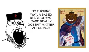 sheeeit, markiplier soyjak2, christianity, clothes, glasses, hat, nigger, open mouth, painting, religion