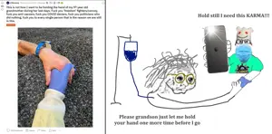wojak, markiplier soyjak, showing phone, arm, beanie, closed mouth, clothes, coronavirus pandemic, ear, glasses