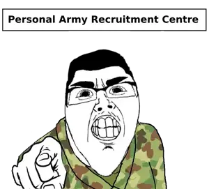 chudjak, cobson, chudson, clenched teeth, military, military uniform, personal army, pointing, pointing at viewer, text