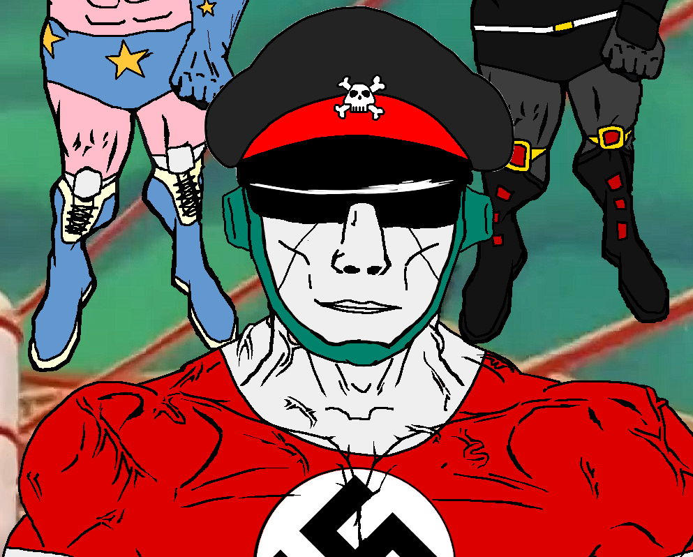 chudjak, chudjak front, muscular chud, unbotheredchud, anime, anime background, black shorts, black skin, blue shorts, brocken jr