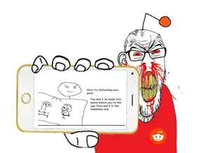 wojak, yes chad, feraljak, feralrage, angry, antenna, badge, blood, bloodshot eyes, brainlet