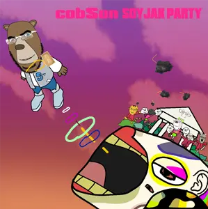 a24 slowburn soyjak, cobson, feraljak, gapejak, impish soyak ears, markiplier soyjak, nojak, wholesome soyjak, album cover, bloodshot eyes