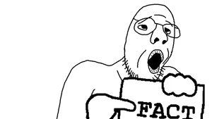 npestajak, fact, fact check, glasses, holding object, open mouth, soyjak, stubble, text, white background
