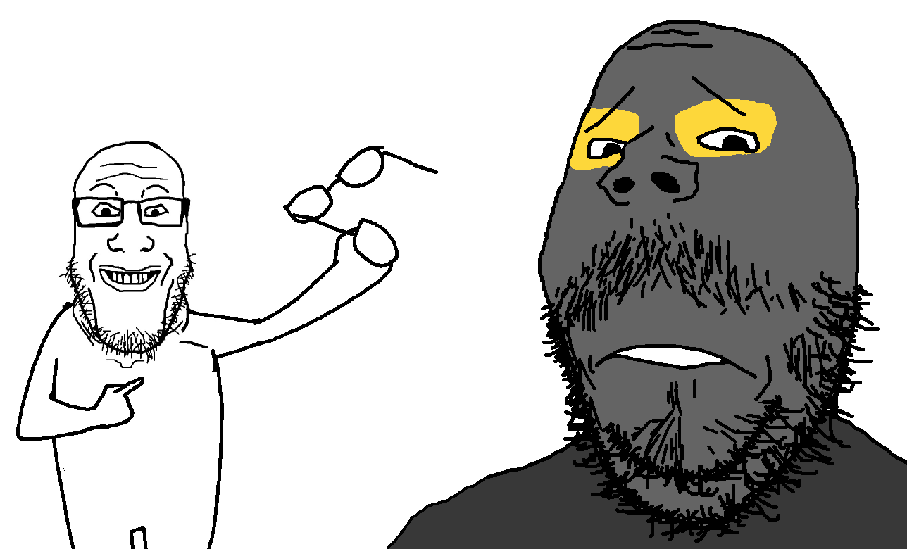 gapejak, markiplier soyjak, mustached gapejak, arm, frown, glasses, gray skin, hands, holding object, leg