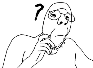 npestajak, bald, glasses, hand on chin, hand on face, looking up, question mark, soyjak, stubble, thinking