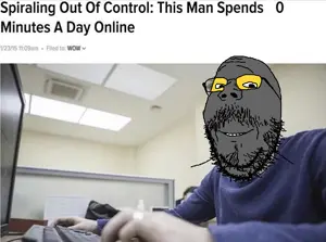 gapejak, mustached gapejak, 0 minutes online, arm, clothes, computer, glasses, gray skin, hands, irl background