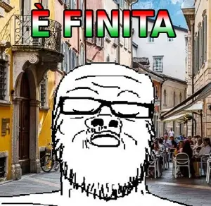 a24 slowburn soyjak, its over, closed eyes, closed mouth, flag, glasses, irl background, italian text, italy, soyjak