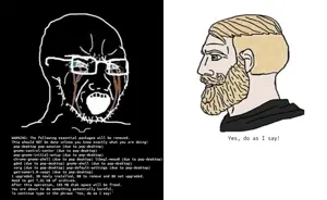 yes chad, soyak, computer, crying, glasses, gnu/linux, inverted, open mouth, pop os, soyjak