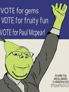 gapejak, wholesome soyjak, clothes, food, fruit, glasses, hands, paulmcpear, pear, propaganda