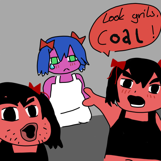 bury pink gril, two pointing soyjaks, /s4s/, angry, anti s4s, blue hair, bury ebil gril, closed mouth, clothes, coal