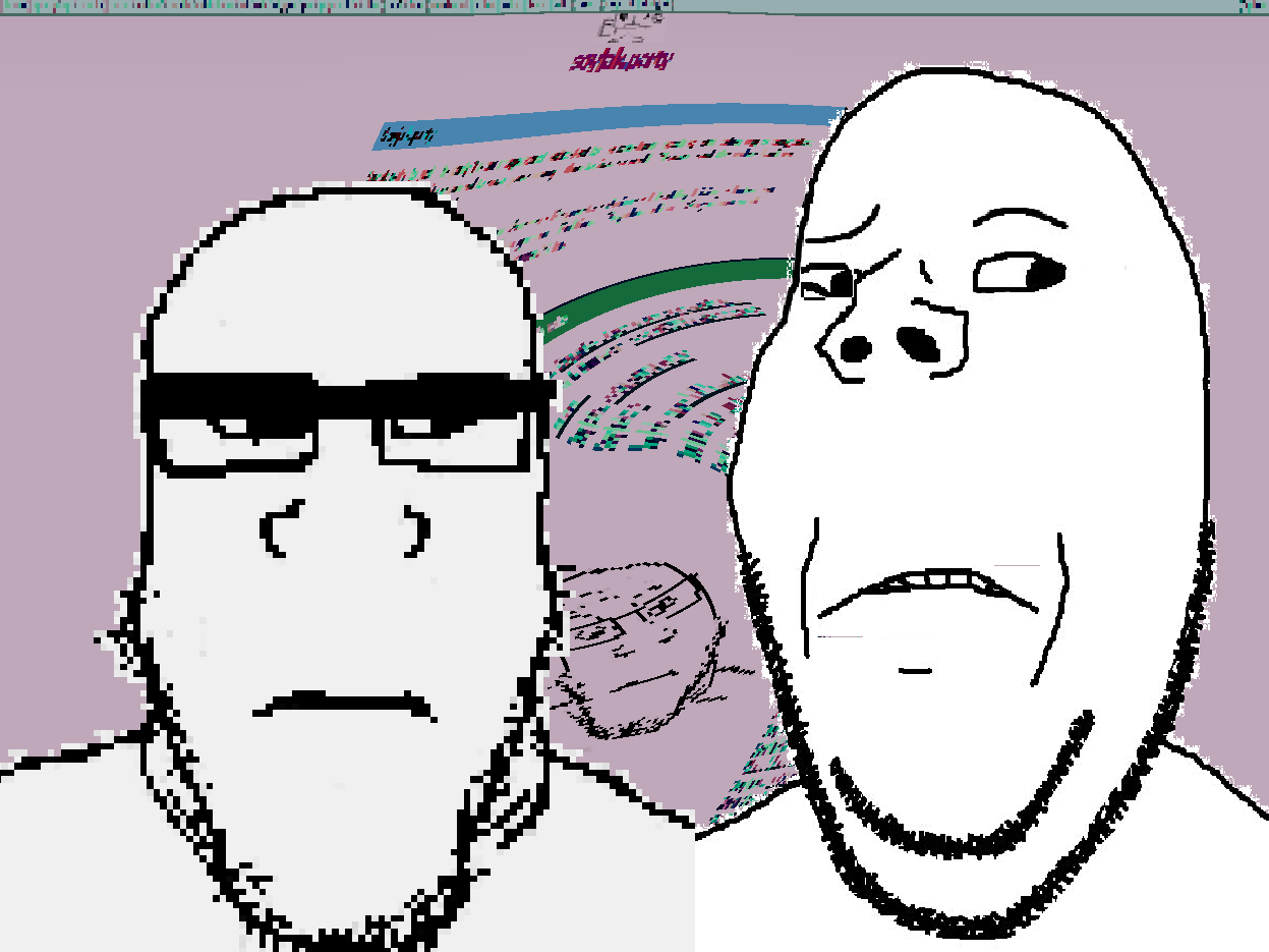 gapejak, markiplier soyjak, neutralplier, are you soying what im soying, 2soyjaks, bald, big eyebrows, closed mouth, cursed image, distorted