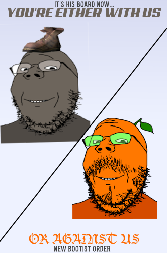 gapejak, mustached gapejak, boot, bootist new order, brown skin, glasses, green glasses, mustache, new bootist order, orange skin