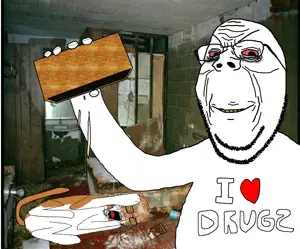 gapejak, soyak, animal, arm, background, bloodshot eyes, box, cat, cat ears, drugs