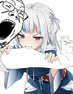 gapejak, anime, arm, bite, blue eyes, closed eyes, clothes, gawr gura, glasses, gray hair