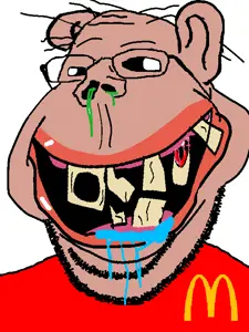 gapejak, retarded gapejak, wholesome soyjak, amerimutt, black sclera, mcdonalds, merge, mutt, red shirt, smile
