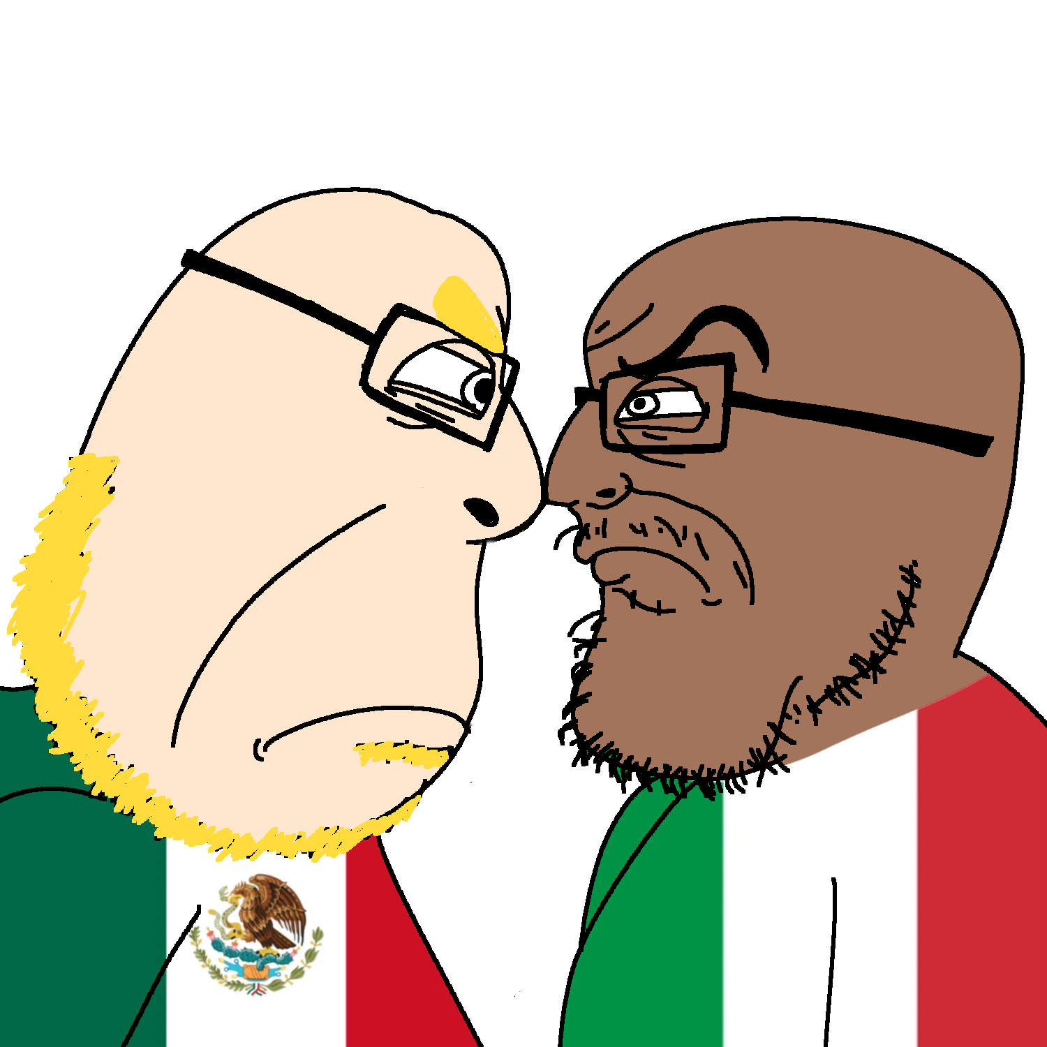 cobson, feraljak, feralside, sidecob, mexico is white, 2soyjaks, angry, blonde hair, brown skin, closed mouth