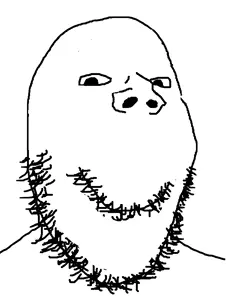 gapejak, 1soyjak, closed mouth, hairy mouth, monochrome, no eyebrows, smile, soyjak, stubble, uncolored skin