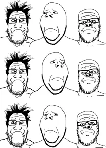 a24 slowburn soyjak, gapejak, markiplier soyjak, wholesome soyjak, are you soying what im soying, closed mouth, confused, frown, glasses, hair