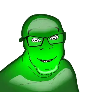 feraljak, closed mouth, frutiger aero, glasses, green skin, happy, skeuomorphism, smile, soyjak, stubble