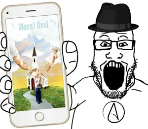 markiplier soyjak, phoneplier vertical, showing phone, atheism, clothes, fedora, glasses, hat, moral, open mouth