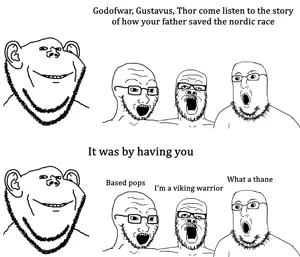 a24 slowburn soyjak, impish soyak ears, norwegian, soyak, ear, father, glasses, multiple soyjaks, open mouth, smile