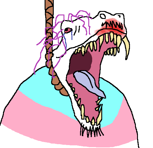 dinosaurjak, animal, bloodshot eyes, crooked teeth, crying, dinosaur, hanging, open mouth, purple hair, red eyes