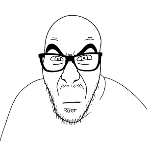 slitherjak, bald, cleavage, closed mouth, glasses, looking at you, mustache, neutral, soyjak, stubble