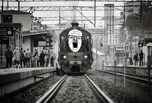a24 slowburn soyjak, black and white, irl background, rail, soyjak, train