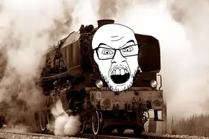 feraljak, glasses, irl background, open mouth, rail, soyjak, stubble, train