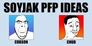 chudjak, cobson, 2soyjaks, bald, black text, blue background, bushy eyebrows, closed mouth, eyebrows, glasses