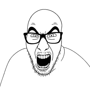 slitherjak, angry, bald, glasses, looking at you, mustache, open mouth, soyjak, stubble