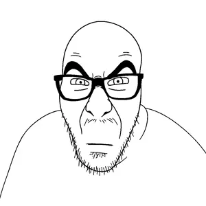 slitherjak, bald, cleavage, closed mouth, glasses, looking at you, mustache, neutral, soyjak, stubble