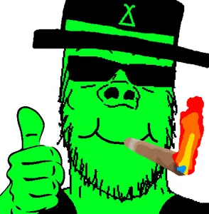 a24 slowburn soyjak, cigar, cigarette, closed mouth, clothes, glasses, glowing, green skin, hands, hat
