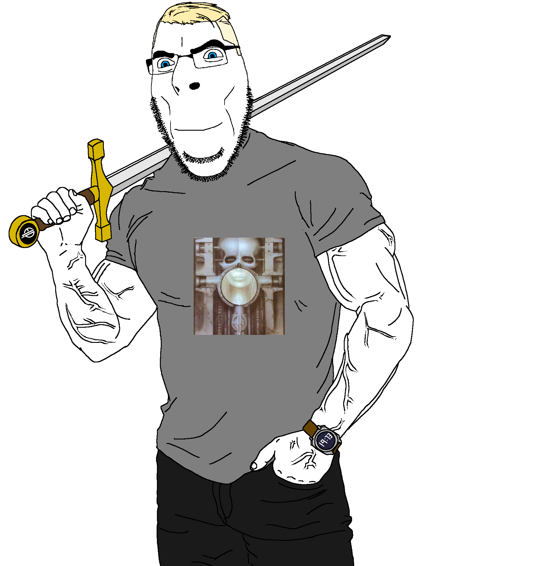 cobson, aryan, 1973, a10 eyes, album cover, black pants, blonde hair, brain salad surgery (emerson lake and palmer album), buff, clothes