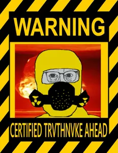 cobbert, explosion, glasses, hazmat suit, irl background, truth nuke, trvthnvke, warning