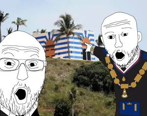 jeffrey epstein, two pointing soyjaks, clothes, epstein island, freemason, freemasonry, island, suit, temple