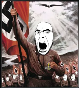 a24 slowburn soyjak, cobson, gapejak, wholesome soyjak, badge, closed mouth, clothes, fist, flag, glasses