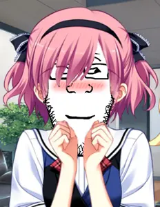 markiplier soyjak, anime, blush, glasses, hair, komine sachi, pink hair, smile, stubble, the fruit of grisaia