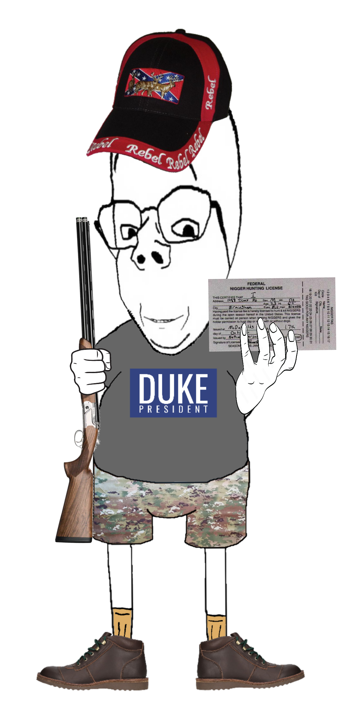 gapejak, rand, wholesome soyjak, arm, big head, brown shoes, camo, cap, clothes, confederate