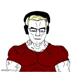 chudjak, chudjak front, muscular chud, soyjaks listening to some good shit, animated, blonde hair, blue eyes, bouncing, buff, dance